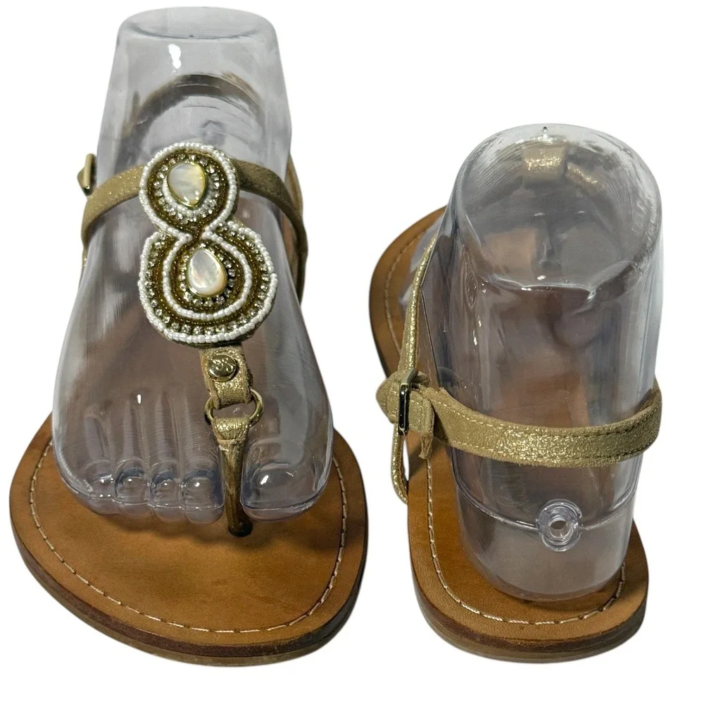 LILLY PULITZER Beaded Gold‎ Leather T-Strap Thong Sandals Size 7.5M